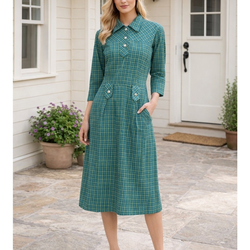 Vintage Handmade Sz L Blue Green Plaid Midi Dress Collar Cottagecore Prairie‎